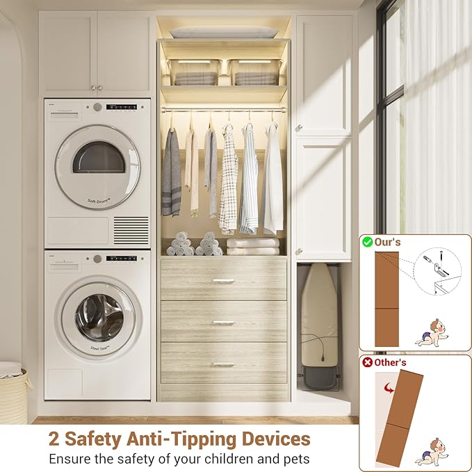 Besiost Closet System Set of 4, 8FT Closet Systems with 12 Wood Drawers, 96" Closet Organizer System with 4 Hanging Rods & 4 Shelves,Heavy Duty 96 Inch Walk-in Closet,White Oak (96"L x 15" W x 80" H)