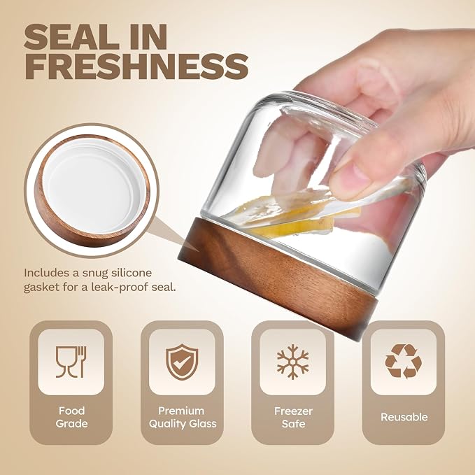 Bumobum 8 oz Glass Jars with Lids, Small Jars for Loose Leaf Tea, 6 Pack | Airtight containers with acacia wood tops and wide openings; for loose leaf tea storage, coffee, snacks, yogurt and spices.