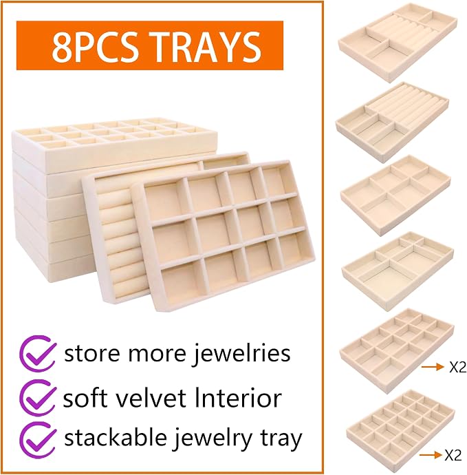 Jewelry Organizer Drawer 8 Set Jewelry Boxes Velvet Jewelry Drawer Organizer Stackable Jewelry Tray for Earring Necklace Display