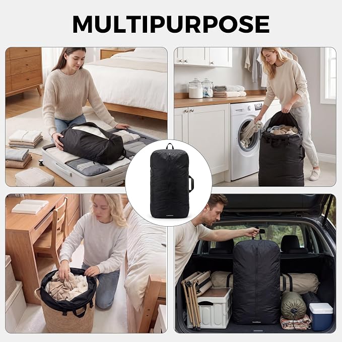 Travel Laundry Bag, Foldable Dirty Clothes Bag with Two Ways to Open, 40L Reusable Waterproof Laundry Bag, Large Capacity Travel Bag for Wet or Dirty Clothes for Travel, Camping & Storage (Black)