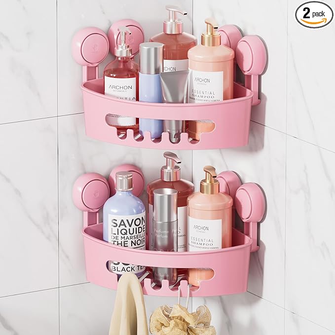 LEVERLOC Corner Shower Caddy Suction Cup, Shower Shelves Suction Cup | 2 Pack Heavy Duty Basket Bathroom, Removable Shower Organizer for Kitchen, No-Drilling Shower Caddies(Pink)