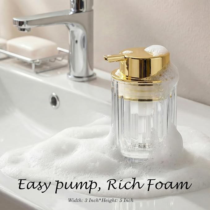 Amolliar Foaming Soap Dispenser, Plastic Pump Clear Glass Soap Dispenser, 8OZ Refillable Hand Soap Dispenser for Bathroom, Kitchen, Shower, Soap Pump Bottle for Liquid or Lotion Dispenser(Gold 2 Pack)