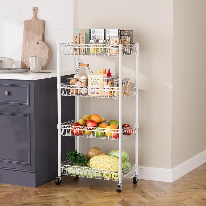 SINGAYE 6 Tier Shelf Wire Shelving Adjustable Storage Shelves Basket Rack | Adjustable Shelves with Wheels Metal Storage Unit Closet Bathroom Organizers Pantry Kitchen Garage Laundry Room White