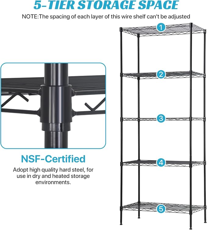 Meet perfect 5-Tier Wire Shelving Unit, 24" W x 14" D x 60" H Metal Storage Rack, NSF Certified Heavy Duty Garage Shelves, 750 lbs Capacity Adjustable Pantry Organizer for Kitchen, Laundry, Office