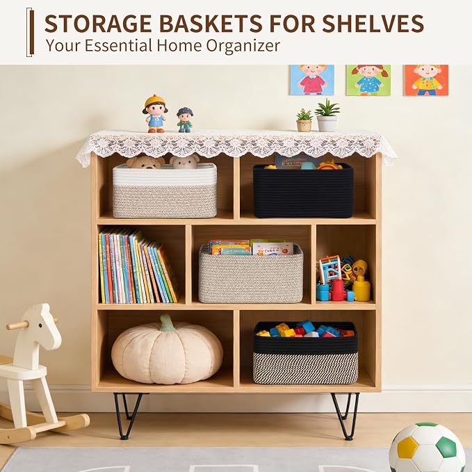 Goodpick 4 Pack Storage Baskets for Shelves, Rectangle Cotton Rope Baskets for Organizing, Woven Storage Basket for Baby Toys Diapers, Decorative Shelf Basket for Gifts, 13''L x 8''W x 6''H
