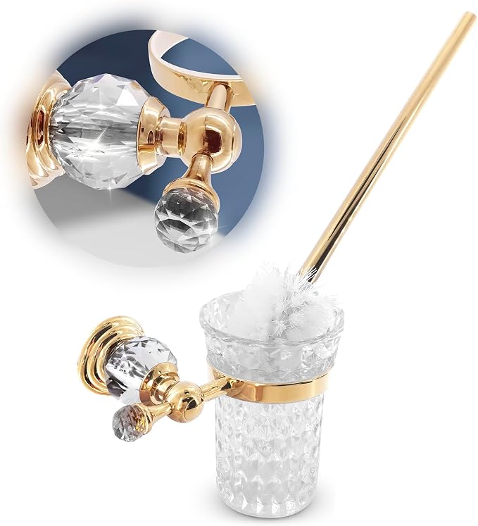 Toilet Brush and Holder Set, Wall Mounted, Clear Bowl (Gold Crystal) | Toilet Bowl Brush and Holder Set, Polished Gold Handle, Space-Saving Wall Mount, Stainless Steel Body, for Elegant Bathrooms