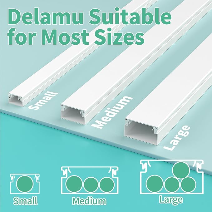 Delamu Cord Hider, 100in Self-Adhesive Cord Cover Kit for Wall Mounted TV, Paintable Wire Hider, Flexible Cable Management System, Cable Raceway Conceals 3-4 Wires, W1.18 H0.60in, White