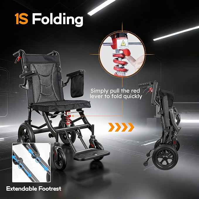 18" Widened Seat Wheelchairs for Adults,Transport Wheelchair Lightweight Foldable, Adjustable Backrest,1s Quick Folding, Two-Stage Braking, Portable Wheelchair for Travel, Hospital & Home Use(Black)