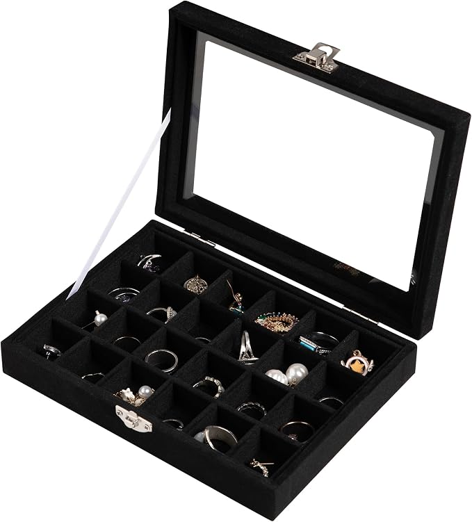 Frebeauty 24 Grid Earring Organizer,Small Velvet Jewelry Tray with Lid | Portable Jewelry Box for Rings Stud,Velvet Lining for Protecting Jewelry,Adjustable Dividers,Glass Lid for Clear Review