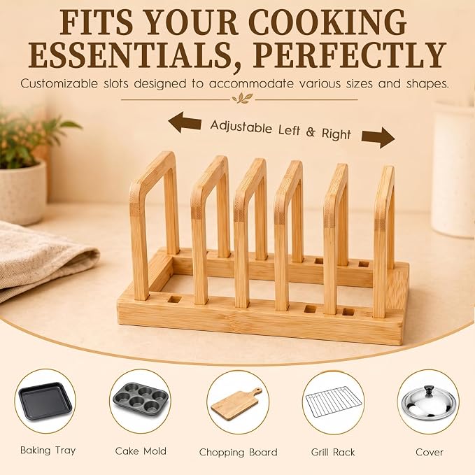 5-Slot Adjustable Cutting Board Rack,Bamboo Cutting Board Organizer Stand Holder,Chopping Board Holder,Pot Pan Lid Rack kitchen Shelf Bakeware for Kitchen Storage