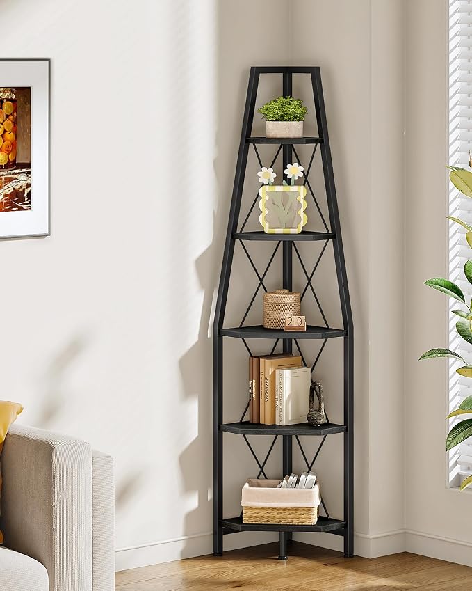 CHOEZON 5-Tier Corner Shelf, Corner Bookshelf, Ladder Shelf, Floor Standing Storage Rack, Open Display Stand, Plant Stand, for Living Room, Bedroom, Study, Bathroom, Black TCJ22BB