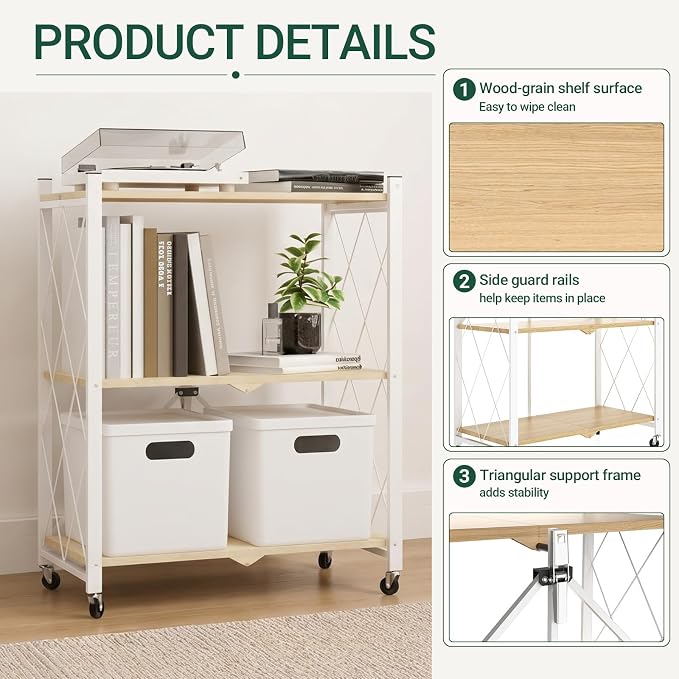 black leopard 3-Tier Foldable Shelf with Wheels, Wood-Grain Steel Shelves | Pre-assembled frame unfolds in seconds with tool-free wheel setup for fast, convenient use.