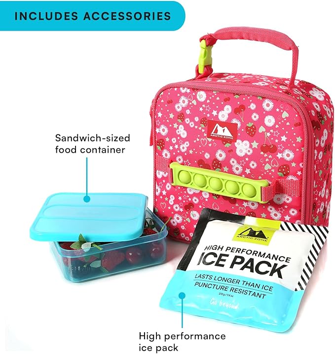 Arctic Zone Kids Lunch Box Combo with Gel Ice Pack and Sandwich Container, Insulated Bag for Travel Lunch, Sensory Fidget Toy Handle, Very Berry Cherry