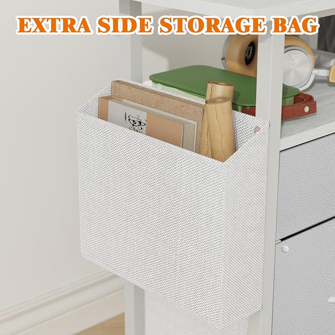 GYIIYUO 2 Drawer File Cabinet with 24'' Extended Desktop, Mobile | Rolling Filing Cabinet, Side Bag, Fits A4/Letter Size, Rolling Printer Stand, Home Office, Fabric Drawer, White