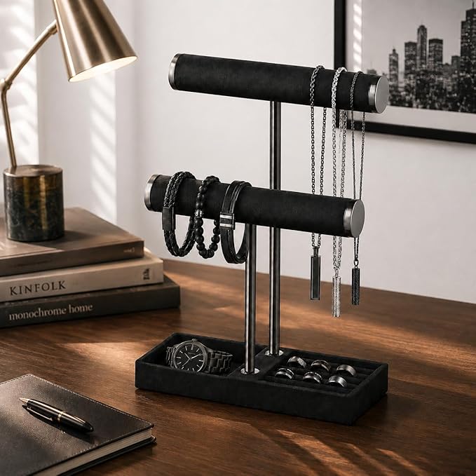 bussdis 2 Tier Bracelet Holder Display - Detachable T Bar Black Velvet Bracelet Holder, Jewelry Holder Organizer for Bracelet, Necklace, Earrings, Rings