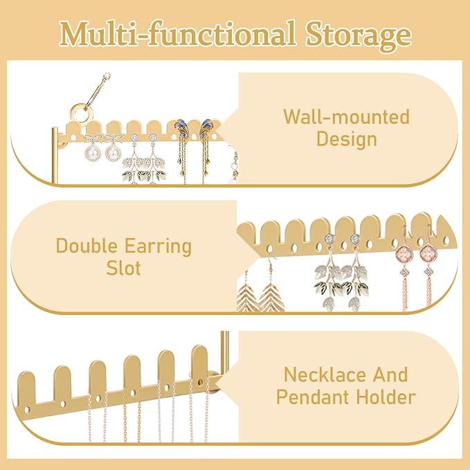 6 Tier Earring Holder Wall Mounted Hanging Earring Organizer Gold | Earring Display Storage with 123 Holes and 129 Grooves Jewelry Organizer Tree for Stud/Hoop/Dangle Earrings Necklace