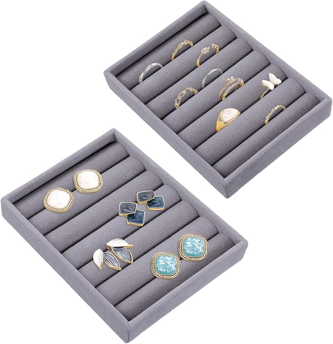 Xthrotsenk 2pcs Small Ring Organizer Ring Holder Display Tray Velvet Rings Earrings Insert Holder for Girl Store Selling or Home Show Storage Jewelry Box, Drawer(Grey)