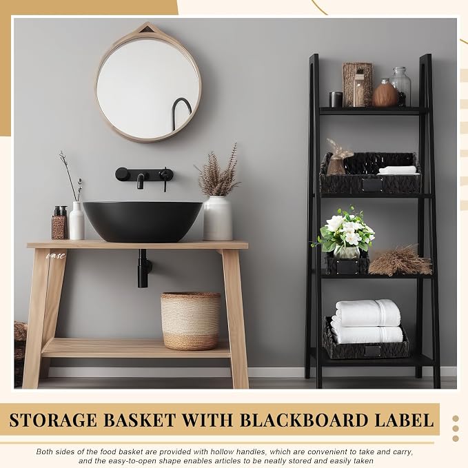 Wonderjune 4 Pcs Water Hyacinth Storage Basket Set Boho Wicker Rattan Pantry Basket with Chalkboard Label Handles Woven Container Kitchen Laundry Large Small for Shelf Food Home Bathroom Decor(Black)