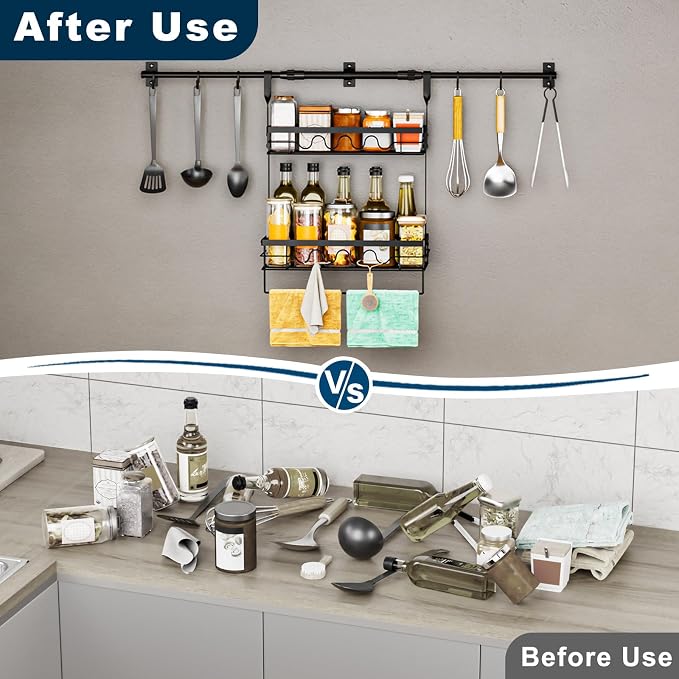 Upgraded adjustable Spice Rack Wall Mount, 6 pack kitchen hooks,heavy-duty kitchen wall shelf, suitable for use as an over-the-stove shelf, coffee shelf, or shower wall caddy.