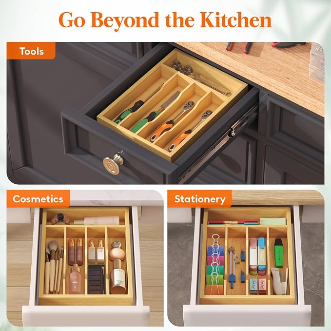 Lifewit Silverware Drawer Organizer, Utensil Tray for Kitchen, Flatware and Cutlery Holder, Storage for Spoons Forks Knives, 8.6 x 12.5", Natural