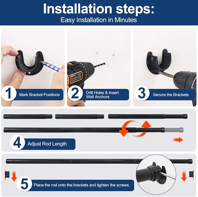 Adjustable Closet Rod for Hanging Clothes, 17-39inch Heavy Duty Metal tension clothes rod，1.3Inches Closet Pole with Hardware Kit for Closet Organization Laundry Room RV, Black
