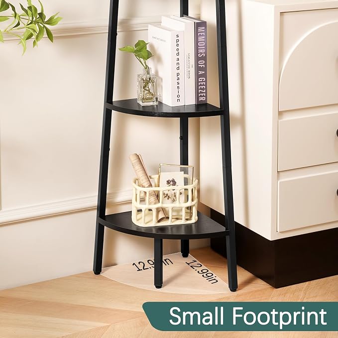 Yoobure 5‑Tier Corner Shelf – Sturdy Metal Frame & Wood Ladder Bookshelf, Space‑Saving Display Shelves for Plants & Books, Easy Assembly, for Bedroom, Living Room, Office, Balcony