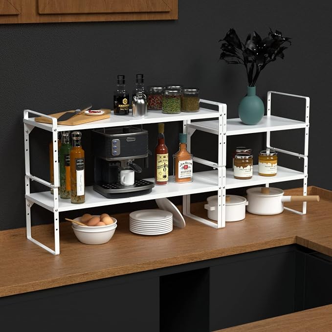Expandable Cabinet Shelf Organizer, Stackable Kitchen Pantry Counter Storage, Adjustable Closet Cupboard Stand Rack Risers Spice Organization 80LBS Heavy Duty White Small 1 Pack