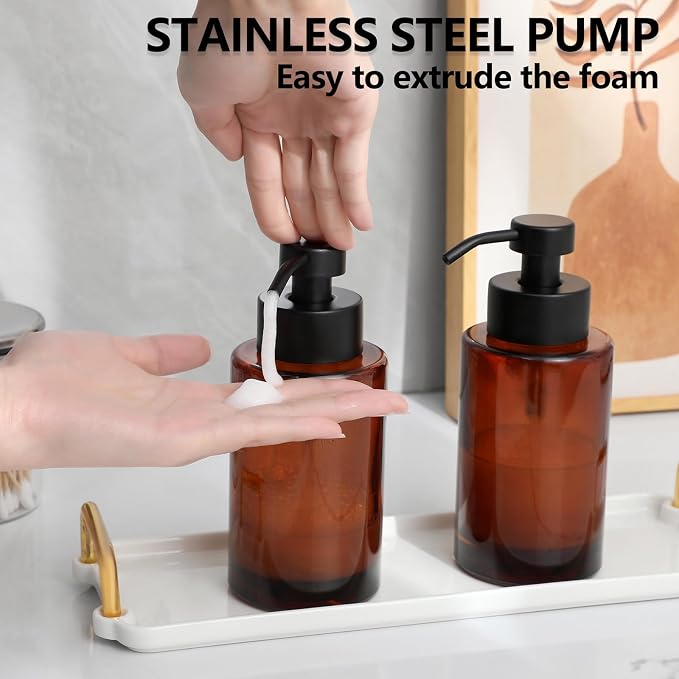Glass Foaming Soap Dispenser Set with 304 Stainless Steel Pump 12oz 2 Pack | Rust Proof Black Pump, Sturdy, Brown Empty Foam Bottle with Waterproof Labels for Bathroom Decor Kitchen Colleage Dorm