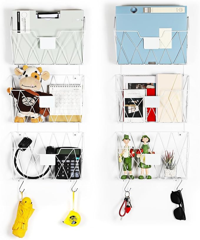OYEAL Hanging Wall File Organizer, Vertical Wall Mounted Magazine File Holder with Hooks, 6 Pockets Mount Basket Mail Paper Holder for Office Home, White