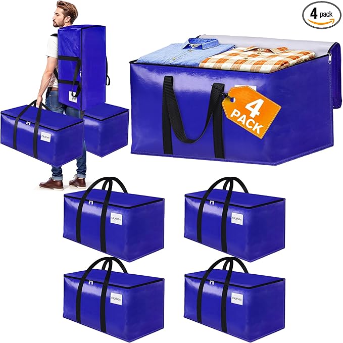 FabSpace 4-Pack Moving Bags with Backpack Straps & Carry Handles, 20 Gallons-76 L Heavy Duty Storage Totes for Space Saving, Foldable Storage Bags for College Dorm, Travel, Camping (Blue)