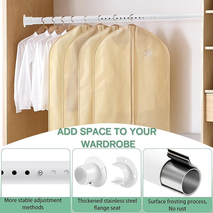 Closet Rods for Hanging Clothes, 1.3 Inch Diameter Heavy Duty Closet Rod 17-87 Inch Adjustable Clothes Hanging Bar Matte White Shower Curtain Rods for Closet, Wardrobes, Bathroom, Windows