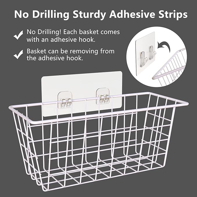 MaraFansie Wall Wire Baskets Adhesive Basket Hanging Kitchen Baskets No Drilling for Cabinet & Pantry Organization and Kitchen, Bathroom, Bedroom Storage, 4 Pack, White
