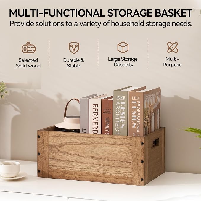 KIRIGEN Stackable Wood Storage Cube with Handles, Open Cubby Bin, Brown | Open-Front Wooden Box Crate for Books, Clothes, Shoes, Closet Storage, and Display for Home Office, Assembly Required C5-DBR