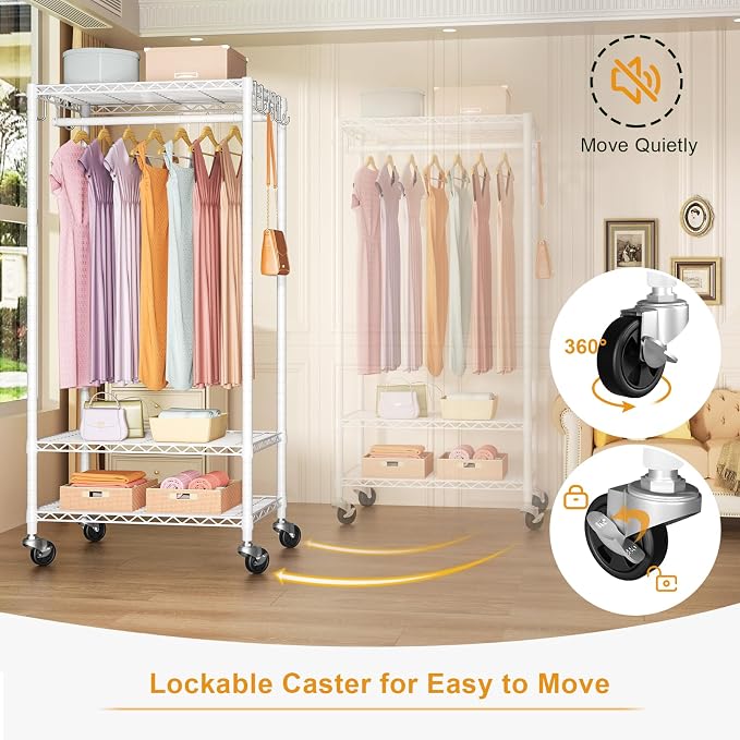 FUTASSI Rolling Clothes Rack, Clothing Racks for Hanging Clothes, White | P6 Medium Heavy Duty Garment Rack with Wheels, Freestanding Portable Closet Rack with Shelves, 30 In Wide, Max Load 370 LBS