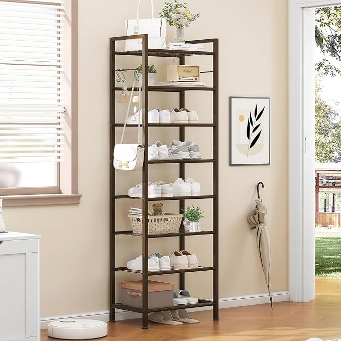 usikey 8 Tiers Narrow Shoe Rack 16-24 Pairs, Sturdy Metal Tall Shoe Rack with 4 Hooks, Slim Shoe Storage Organizer with Metal Shelf, Space Saving Vertical Shoe Shelf for Closet Entryway, Bronze