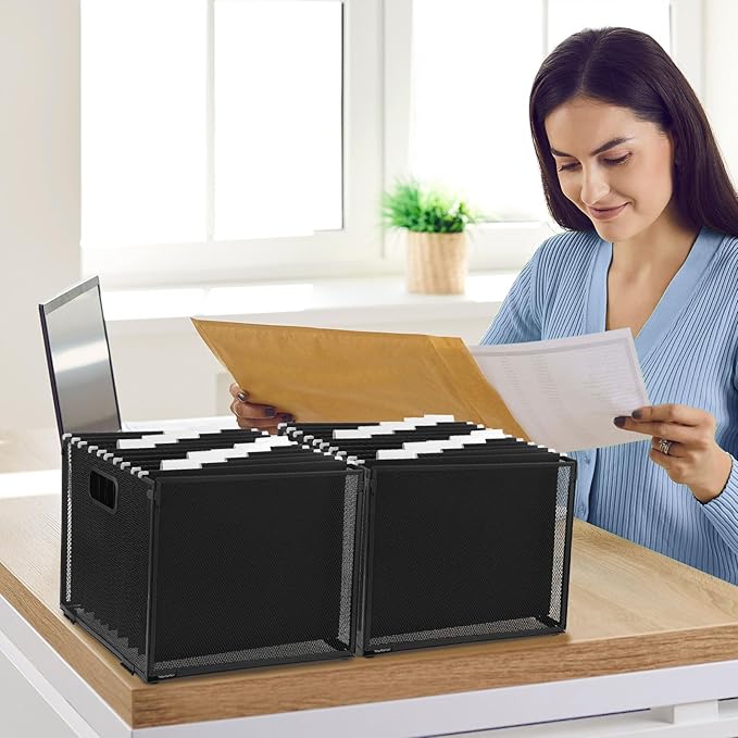2 Pack Hanging File Holder, 10 Hanging Folders, Metal Mesh, Letter Size Folder Storage, Desktop Storage Cabinets, Office School Document(Black,Medium)