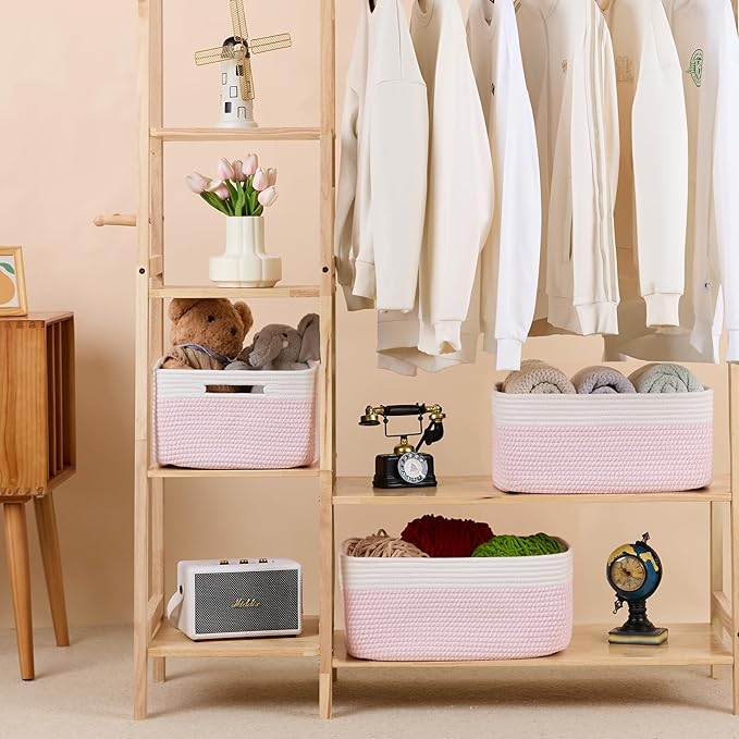 MiniArk Large Storage Baskets for Shelves, 17 x 13 x 7.5” Closet Organizers Bins for Clothes Blanket Towels, Baby Nursery, Toy Baskets Box, Woven Rope Baskets, 2 Packs Woven Pink