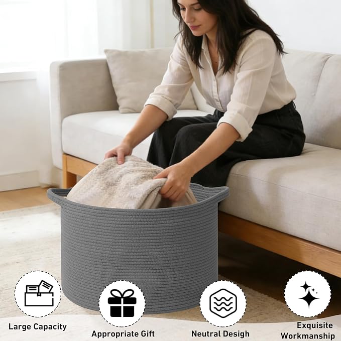 115L Extra Large Blanket Basket,Woven Rope Laundry Basket Hamper with Handles, Decorative Nursery Basket Storage Bin for Toys, Clothes Organizer, Living Room, Bedroom, Bathroom, Dark Gry