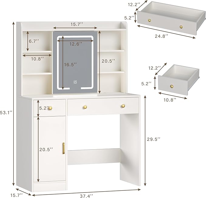HUAHUU Vanity Desk with Mirror and Lights, 37" Makeup Vanity Desk with LED Lighted Mirror, Power Outlet, White Vanity with Storage Cabinet, 2 Drawers & 6 Shelves for Bedroom