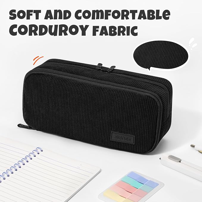 SUNEE Pencil Case, Large Capacity Pencil Pouch, Aesthetic Big Pen Bag, Soft Corduroy Pen Box for Office Stationery Organizer School Supplies Multifunctional for Teen Boys Girls Women Men, Jet Black