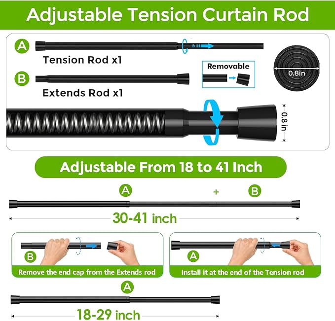 Spring Tension Rod 28-41 Inch (From 18-29 Extension to 41 Inch) No Drilling Adjustable Black Spring Loaded Curtain Rod Expandable Small Short Curtain Rod for Windows,Kitchen,Doorway