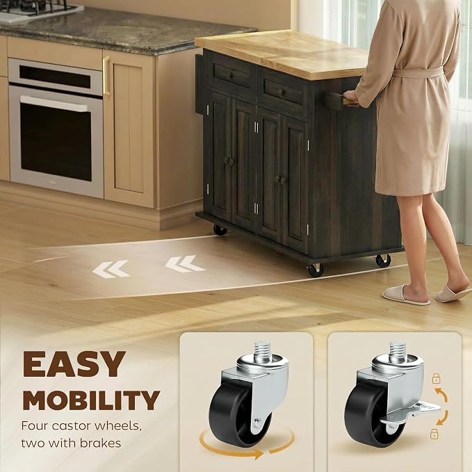 HOMCOM Kitchen Island Cart with Solid Wood Top, 44" Mobile Kitchen Island Table on Wheels with Storage Cabinets, 2 Drawers, Adjustable Shelves, Spice Rack & Towel Bar for Dining Room, Brown Oak