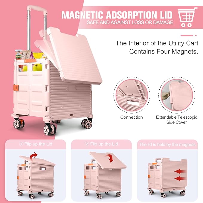 Foldable Utility Cart Folding Portable Rolling Crate with Magnetic Extended Lid,360°Rotate Wheels,176LBS Load Capacity,Heavy Duty Durable Dolly Cart for Teacher Tourist Shopping Office Outdoor