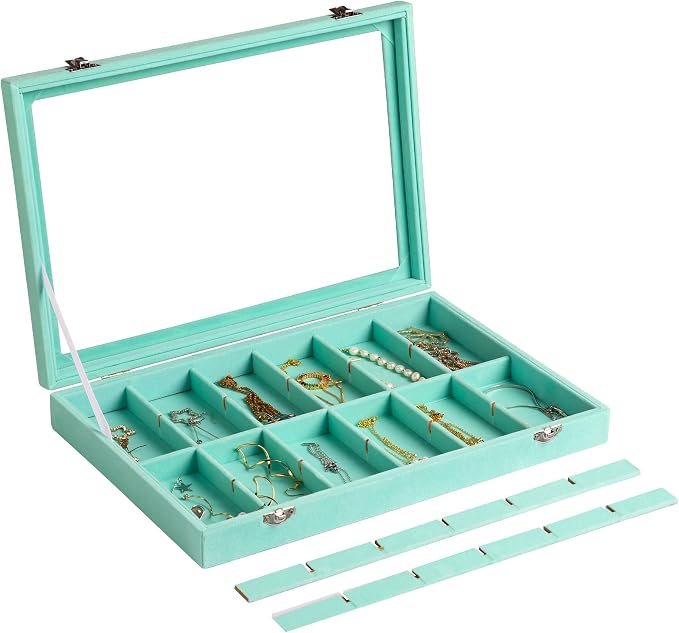 Frebeauty 24 Grid Earring Organizer,Velvet Jewelry Tray with Clear Lid | Drawer Jewelry Organizer for Rings Studs Brooch,Adjustable Divider,Dustproof Design,Earring Storage,Trinket Box,13.8×9.5Inch