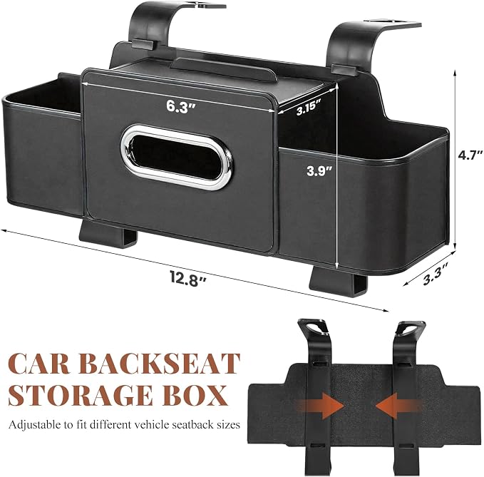 Car Back Seat Organizer, 3-in-1 Auto Seat Back Organizer with Tissue Box, Cup Holders & Hooks, Multifunctional Vehicle Backseat Hanging Organizers for Phones Drinks Handbags (Black)