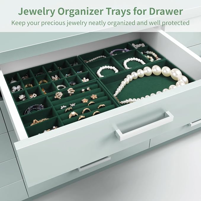 Homaisson Jewelry Organizer for Drawer, Velvet Jewelry Tray, Multiple Compartment Layout, Set of 4 Jewelry Organizer for Rings, Earrings, Bracelets, Necklaces (Green)