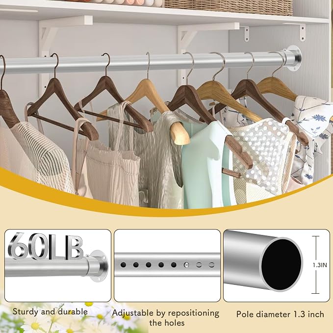 Closet Rod, 17 to 63 Inch Stainless Steel Adjustable Closet Rod,1.3 Inch Diameter Heavy Duty Closet Rods for Hanging Clothes,Silver Closet Poles for Wardrobes