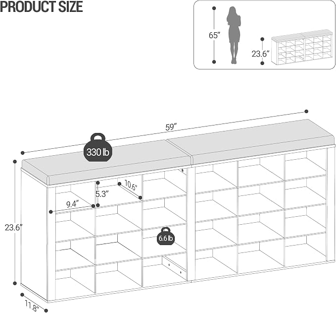 Hzuaneri Shoe Storage Bench with Cushion, Entryway Storage Bench with 24 Cubbies, 9.5" Widened Organizer Cabinet, Long Cubby Rack for Living Room, Bedroom, Entryway, White SB32403GY