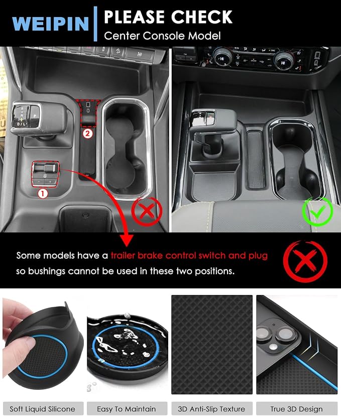 For 6PCS Refreshed Models 2022-2026 Silverado/Sierra 1500 & 2024-2026 Sierra 2500 3500 Console Liners-[3D High-Edge Liquid Silicone] Cup Holder Mats, Full Console w/Bucket Seats ONLY - Blue