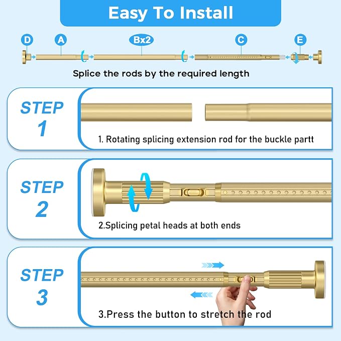 AIZESI 41-144 Inch Heavy Duty Gold Tension Curtain Rod - No Drilling, Adjustable, Rust-Proof for Outdoor, Living Room, Bathroom